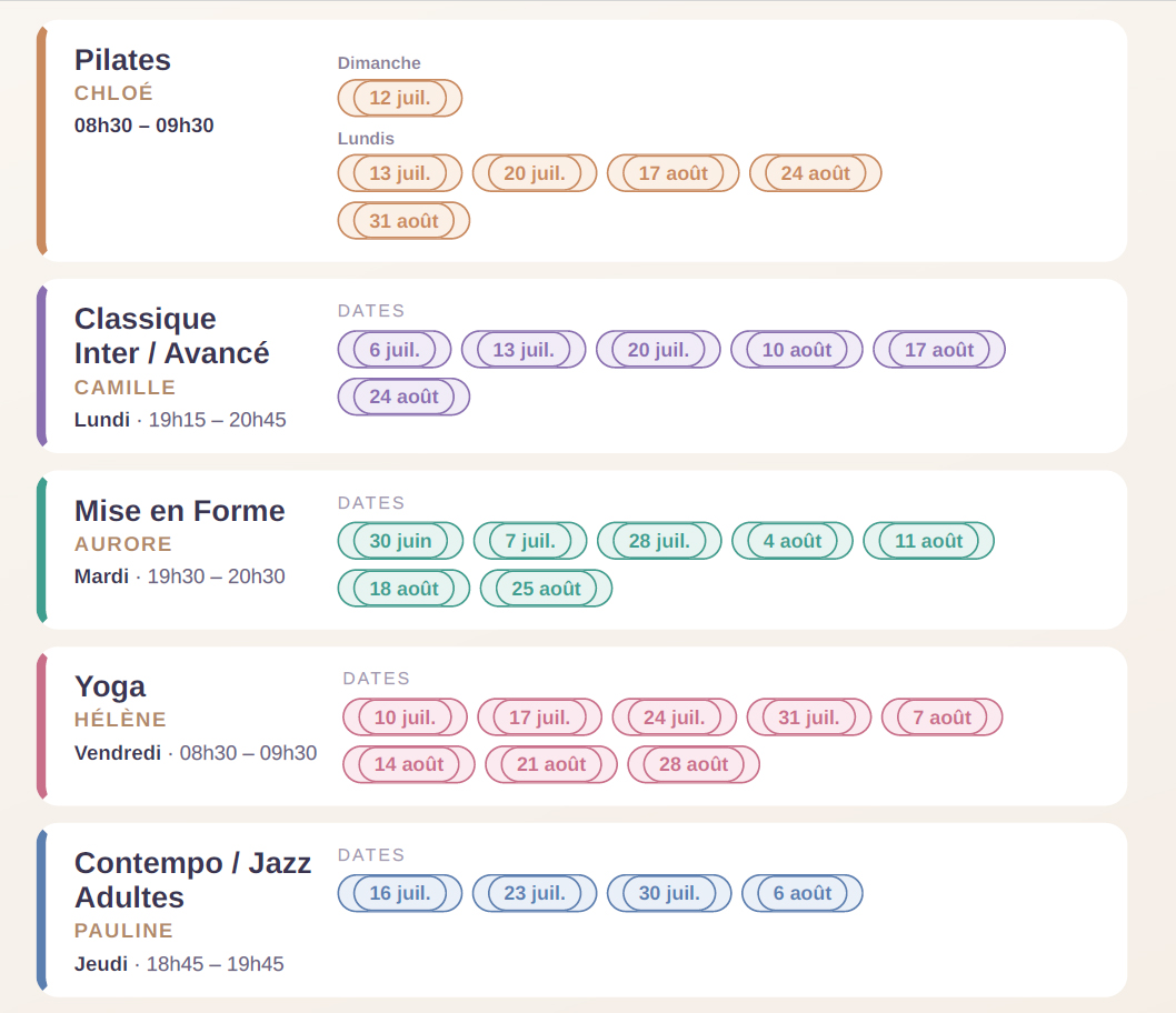 horaire cours ete