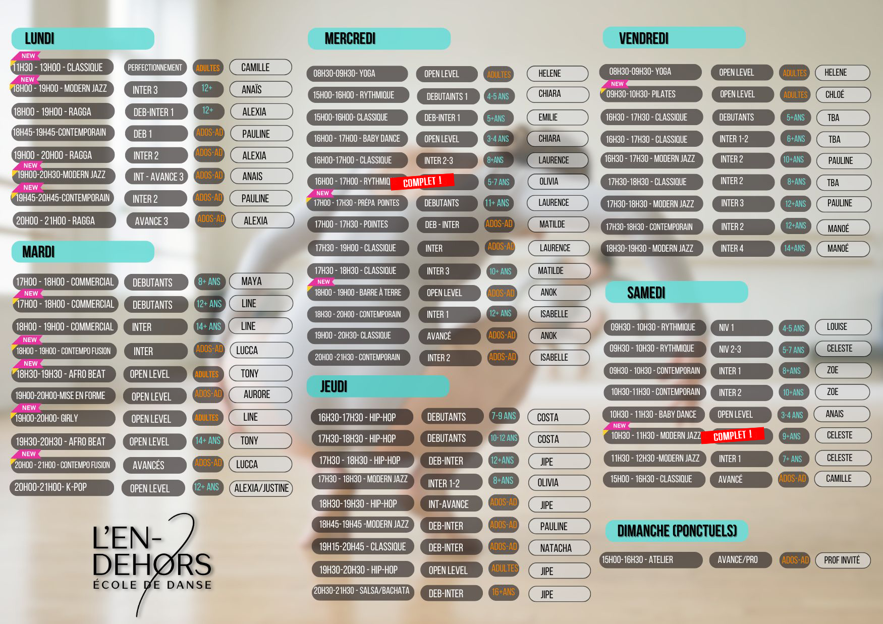 Horaire des cours de danse Horaire cours de danse